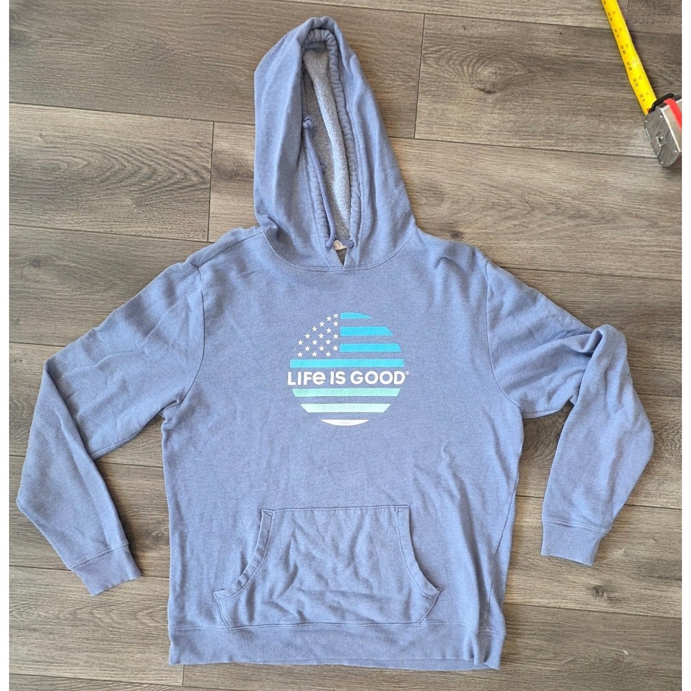 Life is Good Womens Large Hoodie Blue American Flag Graphic Pullover S19-M10097